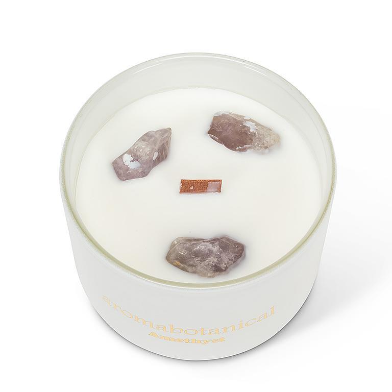 Botanical wax candle with real Rose Quartz crystals