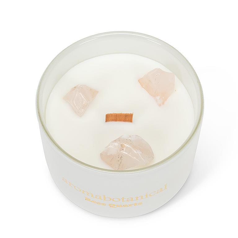 Botanical wax candle with real Rose Quartz crystals